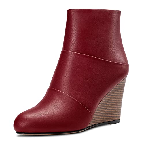 HDEUOLM Damen Hoher High Keilabsatz Absatz Heel Geschlossene Runde Zehenkappe Stiefeletten 8.5 CM Heels Slip-on Reißverschluss Cute Schuhe Rot 37 EU von HDEUOLM
