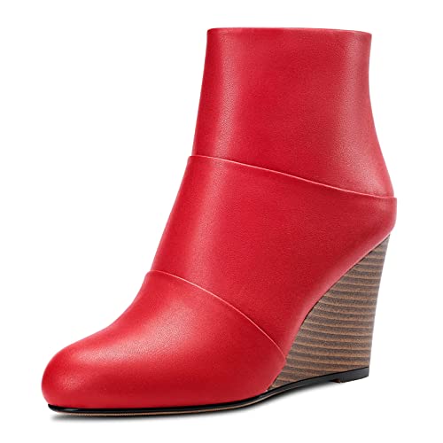 HDEUOLM Damen Hoher High Keilabsatz Absatz Heel Geschlossene Runde Zehenkappe Stiefeletten 8.5 CM Heels Slip-on Reißverschluss Cute Schuhe Rot A 37 EU von HDEUOLM