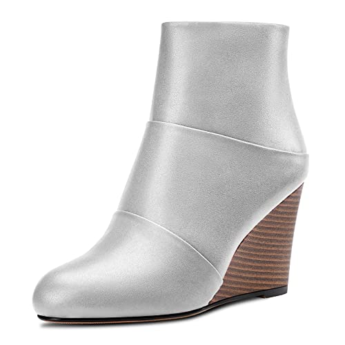 HDEUOLM Damen Hoher High Keilabsatz Absatz Heel Geschlossene Runde Zehenkappe Stiefeletten 8.5 CM Heels Slip-on Reißverschluss Cute Schuhe Silber 37 EU von HDEUOLM