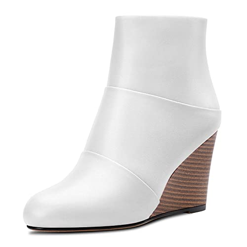 HDEUOLM Damen Hoher High Keilabsatz Absatz Heel Geschlossene Runde Zehenkappe Stiefeletten 8.5 CM Heels Slip-on Reißverschluss Cute Schuhe Weiß 41 EU von HDEUOLM