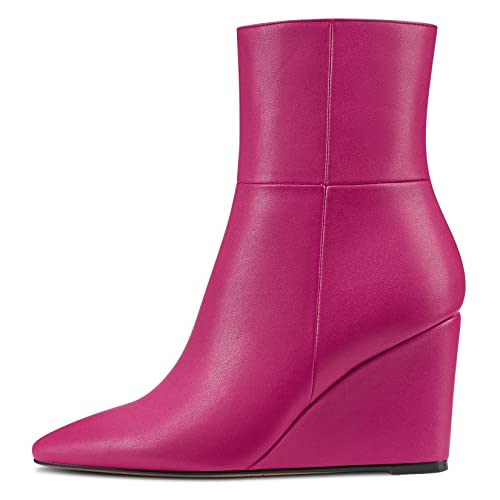 HDEUOLM Damen Hoher High Keilabsatz Absatz Heel Spitze Zehenkappe Stiefeletten Reißverschluss Sexy Dress 8.5 CM Heels Schuhe Magenta Rot 44 EU von HDEUOLM