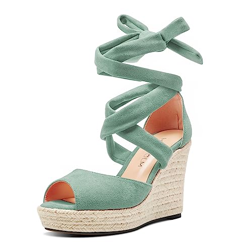 HDEUOLM Damen Hoher High Keilabsatz Plateau Plattform Absatz Heel Peep Open Zehenkappe Sandalen Schnüren Schnürung Abschlussball Cute 10 CM Heels Blassgrün 37 EU von HDEUOLM
