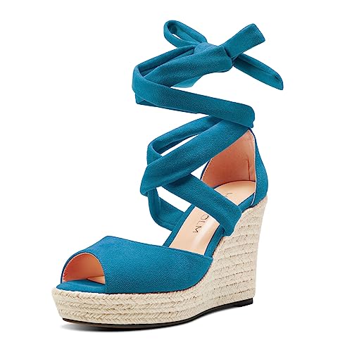 HDEUOLM Damen Hoher High Keilabsatz Plateau Plattform Absatz Heel Peep Open Zehenkappe Sandalen Schnüren Schnürung Abschlussball Cute 10 CM Heels Blau 38 EU von HDEUOLM