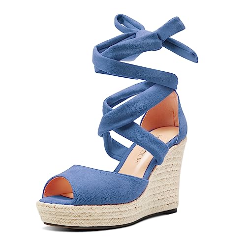 HDEUOLM Damen Hoher High Keilabsatz Plateau Plattform Absatz Heel Peep Open Zehenkappe Sandalen Schnüren Schnürung Abschlussball Cute 10 CM Heels Denim Blau 40 EU von HDEUOLM