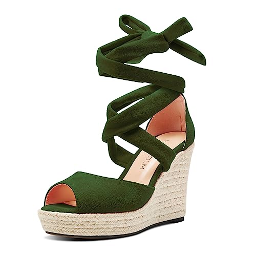 HDEUOLM Damen Hoher High Keilabsatz Plateau Plattform Absatz Heel Peep Open Zehenkappe Sandalen Schnüren Schnürung Abschlussball Cute 10 CM Heels Olivgrün 41 EU von HDEUOLM