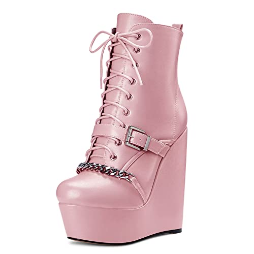 HDEUOLM Damen Hoher High Keilabsatz Plateau Plattform Absatz Heel Runde Zehenkappe Stiefeletten Reißverschluss Party Cute Stiefel Rosa 44 EU von HDEUOLM