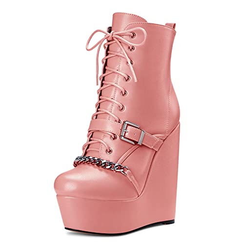 HDEUOLM Damen Hoher High Keilabsatz Plateau Plattform Absatz Heel Runde Zehenkappe Stiefeletten Reißverschluss Party Cute Stiefel Rosa A 40 EU von HDEUOLM