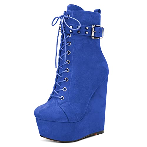 HDEUOLM Damen Hoher High Keilabsatz Plateau Plattform Absatz Heel Runde Zehenkappe Stiefeletten Schnüren Schnürung Reißverschluss Schuhe Blau A 44 EU von HDEUOLM