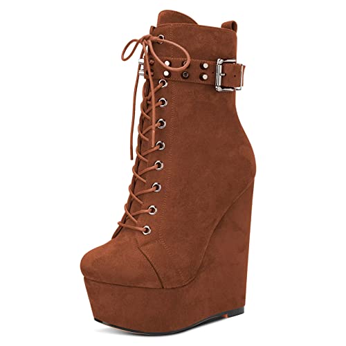 HDEUOLM Damen Hoher High Keilabsatz Plateau Plattform Absatz Heel Runde Zehenkappe Stiefeletten Schnüren Schnürung Reißverschluss Schuhe Braun 44 EU von HDEUOLM