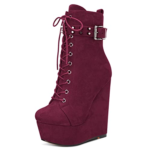 HDEUOLM Damen Hoher High Keilabsatz Plateau Plattform Absatz Heel Runde Zehenkappe Stiefeletten Schnüren Schnürung Reißverschluss Schuhe Burgund Rot 39 EU von HDEUOLM