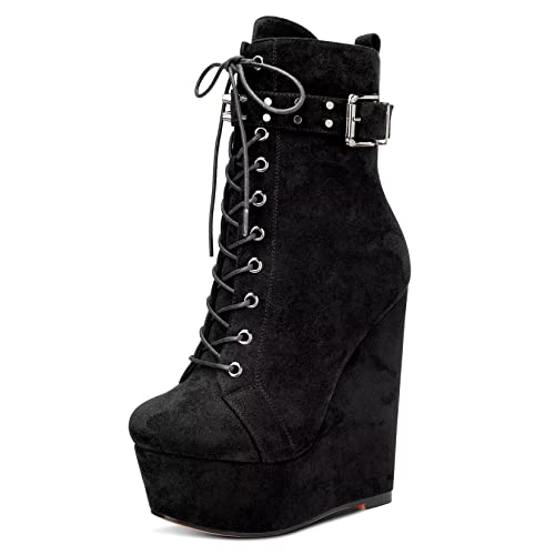 HDEUOLM Damen Hoher High Keilabsatz Plateau Plattform Absatz Heel Runde Zehenkappe Stiefeletten Schnüren Schnürung Reißverschluss Schuhe Schwarz 40 EU HDEUOLM Damen Hoher High Keilabsatz Plateau Plattform Absatz Heel Runde Zehenkappe Stiefeletten Schnüren Schnürung Reißverschluss Schuhe Schwarz 40 EU von HDEUOLM