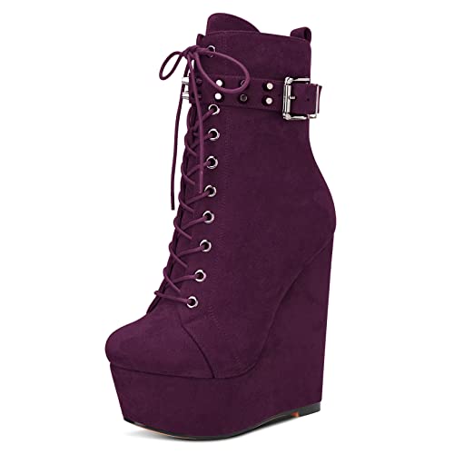 HDEUOLM Damen Hoher High Keilabsatz Plateau Plattform Absatz Heel Runde Zehenkappe Stiefeletten Schnüren Schnürung Reißverschluss Schuhe Violett A 42 EU von HDEUOLM