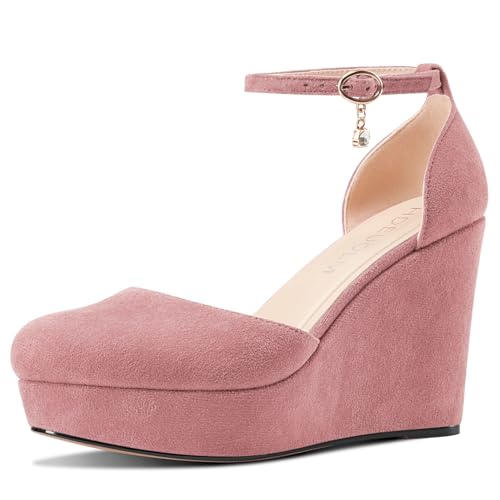 HDEUOLM Damen Keilabsatz Plateau Plattform Absatz Heel Runde Zehenkappe Pumps Knöchelriemen Two-Piece Lässig Klassisch 10 cm Heels Blasses Rosa 40 EU von HDEUOLM