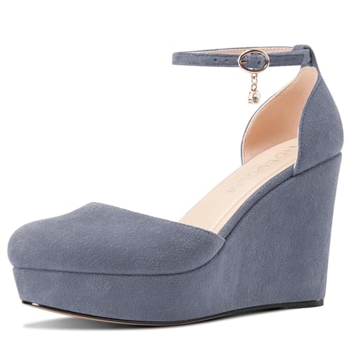 HDEUOLM Damen Keilabsatz Plateau Plattform Absatz Heel Runde Zehenkappe Pumps Knöchelriemen Two-Piece Lässig Klassisch 10 cm Heels Grau 41 EU von HDEUOLM