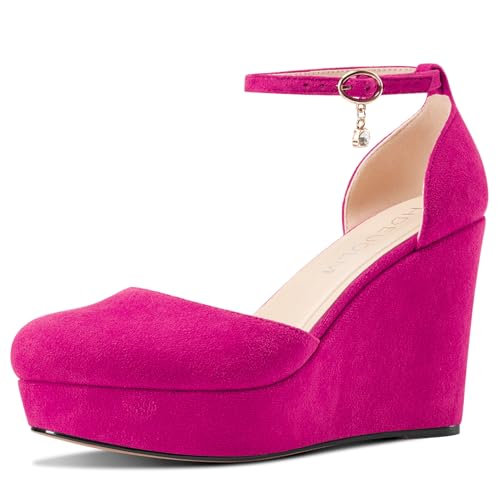 HDEUOLM Damen Keilabsatz Plateau Plattform Absatz Heel Runde Zehenkappe Pumps Knöchelriemen Two-Piece Lässig Klassisch 10 cm Heels Magenta 41 EU von HDEUOLM