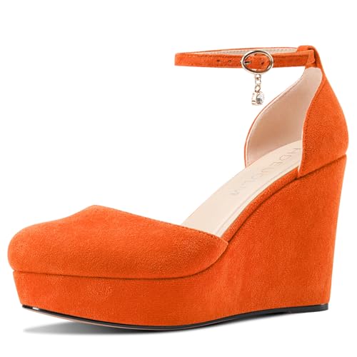 HDEUOLM Damen Keilabsatz Plateau Plattform Absatz Heel Runde Zehenkappe Pumps Knöchelriemen Two-Piece Lässig Klassisch 10 cm Heels Orange 41 EU von HDEUOLM