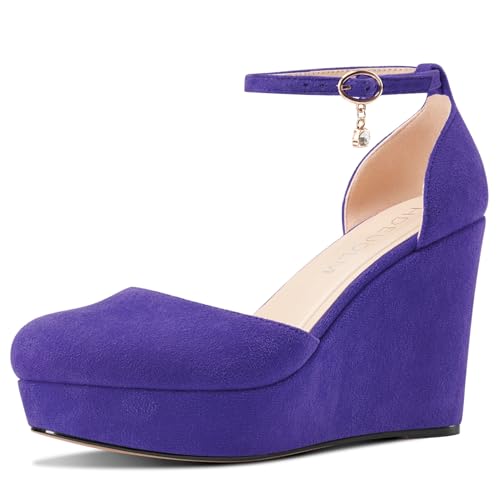 HDEUOLM Damen Keilabsatz Plateau Plattform Absatz Heel Runde Zehenkappe Pumps Knöchelriemen Two-Piece Lässig Klassisch 10 cm Heels Violett 39 EU von HDEUOLM