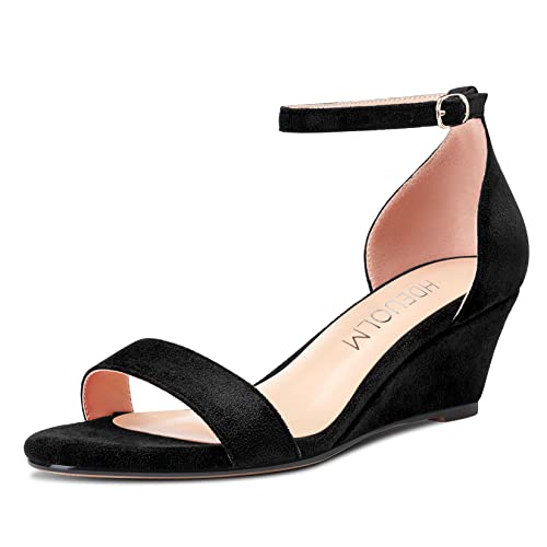 HDEUOLM Damen Mittlerem Absatz Heel Keilabsatz Knöchelriemen Sandalen Peep Open Zehenkappe Clear Dress 5 CM Heels Schuhe Schwarz Wildleder 37 EU von HDEUOLM