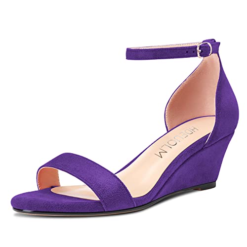 HDEUOLM Damen Mittlerem Absatz Heel Keilabsatz Knöchelriemen Sandalen Peep Open Zehenkappe Clear Dress 5 cm Heels Schuhe Violett Wildleder 42 EU von HDEUOLM