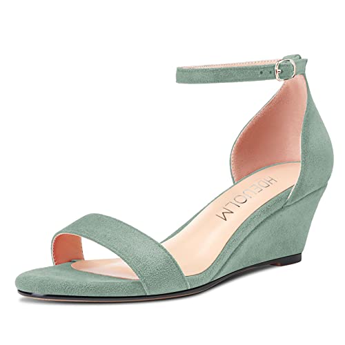 HDEUOLM Damen Mittlerem Absatz Heel Keilabsatz Knöchelriemen Sandalen Peep Open Zehenkappe Clear Dress 5 cm Heels Schuhe Hellgrün Wildleder 41 EU von HDEUOLM