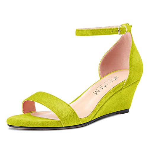 HDEUOLM Damen Mittlerem Absatz Heel Keilabsatz Knöchelriemen Sandalen Peep Open Zehenkappe Clear Dress 5 cm Heels Schuhe Lindgrün Wildleder 36 EU von HDEUOLM