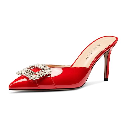 HDEUOLM Damen Mittlerem Absatz Heel Spitze Zehenkappe Sandalen Slingback Slip-on Diamant Kristall Lässig Klassisch Sommer Pantoletten Schuhe Rot 41 EU von HDEUOLM