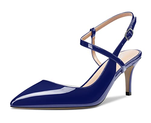 HDEUOLM Damen Mittlerem Absatz Slingback Knöchelriemen Pumps Spitze Zehenkappe Sandalen Plus Größe Schuhe Blau Lackleder 41 EU von HDEUOLM