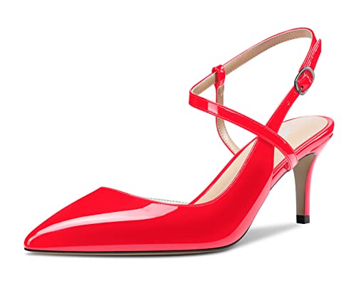 HDEUOLM Damen Mittlerem Absatz Slingback Knöchelriemen Pumps Spitze Zehenkappe Sandalen Plus Größe Schuhe Rot Lackleder 41 EU von HDEUOLM