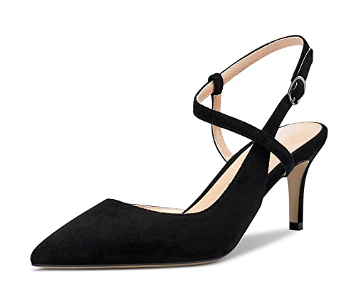 HDEUOLM Damen Mittlerem Absatz Slingback Knöchelriemen Pumps Spitze Zehenkappe Sandalen Plus Größe Schuhe Schwarz Wildleder 37 EU von HDEUOLM