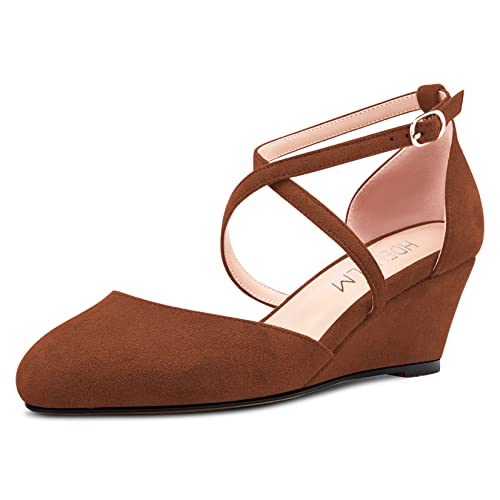 HDEUOLM Damen Mittlerem Keilabsatz Absatz Heel Geschlossene Runde Zehenkappe Sandalen Knöchelriemen Kreuzriemen Schnalle Pumps Hochzeit Büroschuhe Sexy 5 CM Heels Schuhe Braun Wildleder 38 EU von HDEUOLM