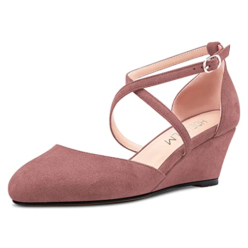 HDEUOLM Damen Mittlerem Keilabsatz Absatz Heel Geschlossene Runde Zehenkappe Sandalen Knöchelriemen Kreuzriemen Schnalle Pumps Hochzeit Büroschuhe Sexy 5 CM Heels Schuhe Rosa Wildleder 42 EU von HDEUOLM