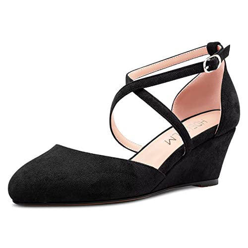 HDEUOLM Damen Mittlerem Keilabsatz Absatz Heel Geschlossene Runde Zehenkappe Sandalen Knöchelriemen Kreuzriemen Schnalle Pumps Hochzeit Büroschuhe Sexy 5 CM Heels Schuhe Schwarz Wildleder 40 EU von HDEUOLM