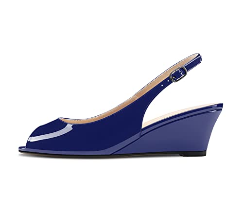 HDEUOLM Damen Mittlerem Keilabsatz Absatz Heel Peep Open Zehenkappe Sandalen Knöchelriemen Slingback Slip-on Schnalle Party Klassisch Schuhe 5 CM Heels Navy Blau Lackleder 43 EU von HDEUOLM