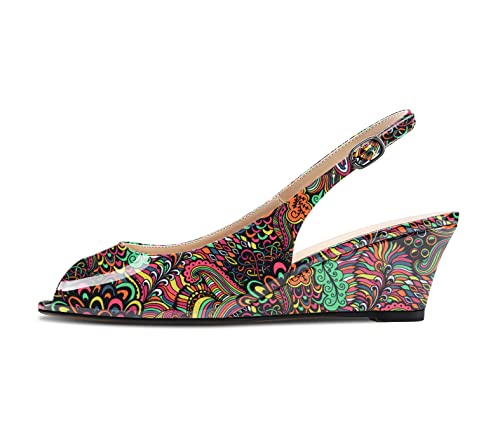 HDEUOLM Damen Mittlerem Keilabsatz Absatz Heel Peep Open Zehenkappe Sandalen Knöchelriemen Slingback Slip-on Schnalle Party Klassisch Schuhe 5 CM Heels Schwarz Mehrfarbig 41 EU von HDEUOLM