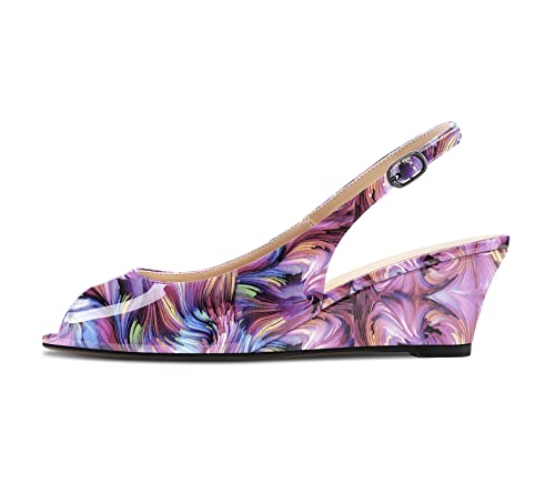 HDEUOLM Damen Mittlerem Keilabsatz Absatz Heel Peep Open Zehenkappe Sandalen Knöchelriemen Slingback Slip-on Schnalle Party Klassisch Schuhe 5 CM Heels Violett Mehrfarbig 37 EU von HDEUOLM