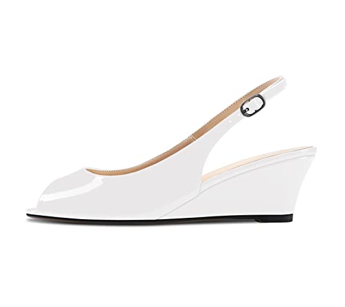 HDEUOLM Damen Mittlerem Keilabsatz Absatz Heel Peep Open Zehenkappe Sandalen Knöchelriemen Slingback Slip-on Schnalle Party Klassisch Schuhe 5 CM Heels Weiß Lackleder 37 EU von HDEUOLM