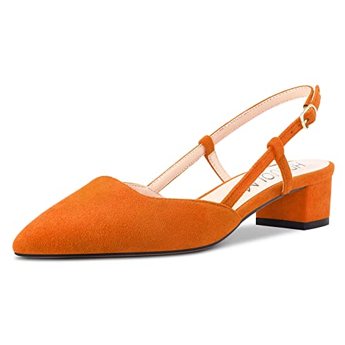 HDEUOLM Damen Niedrige Chunky Blockabsatz Absatz Heel Geschlossene Spitze Zehenkappe Sandalen Knöchelriemen Slingback Slip-on Pumps Hochzeit Sexy Dress 3.5 CM Heels Schuhe Orange Wildleder 40 EU von HDEUOLM