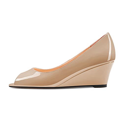 HDEUOLM Damen Niedrige Keilabsatz Absatz Heel Peep Open Zehenkappe Slip-on Pumps Klassisch Cute Dress Sandalen 5 cm Heels Beige 38 EU von HDEUOLM