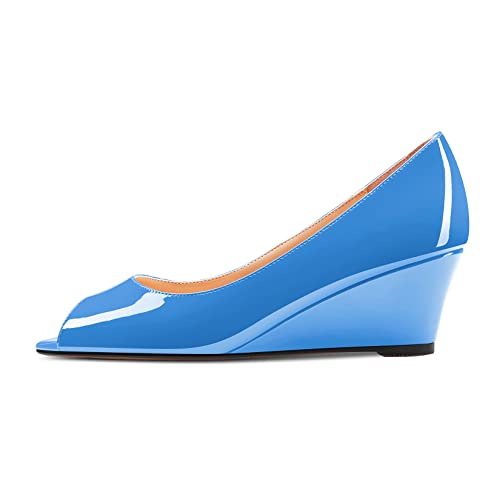 HDEUOLM Damen Niedrige Keilabsatz Absatz Heel Peep Open Zehenkappe Slip-on Pumps Klassisch Cute Dress Sandalen 5 cm Heels Blau 37 EU von HDEUOLM