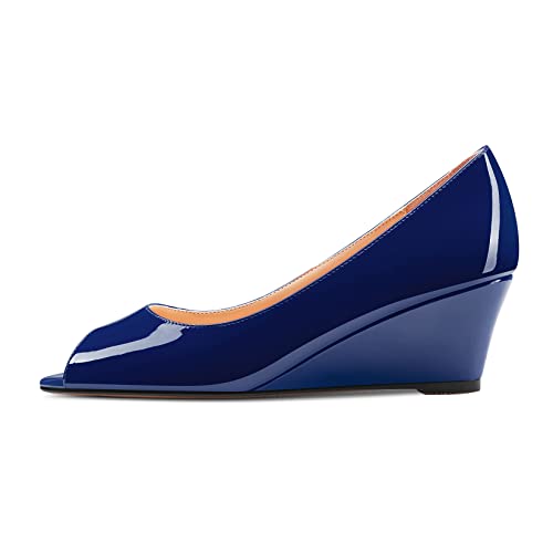 HDEUOLM Damen Niedrige Keilabsatz Absatz Heel Peep Open Zehenkappe Slip-on Pumps Klassisch Cute Dress Sandalen 5 cm Heels Navy Blau 38 EU von HDEUOLM