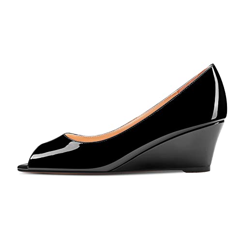 HDEUOLM Damen Niedrige Keilabsatz Absatz Heel Peep Open Zehenkappe Slip-on Pumps Klassisch Cute Dress Sandalen 5 cm Heels Schwarz 45 EU von HDEUOLM