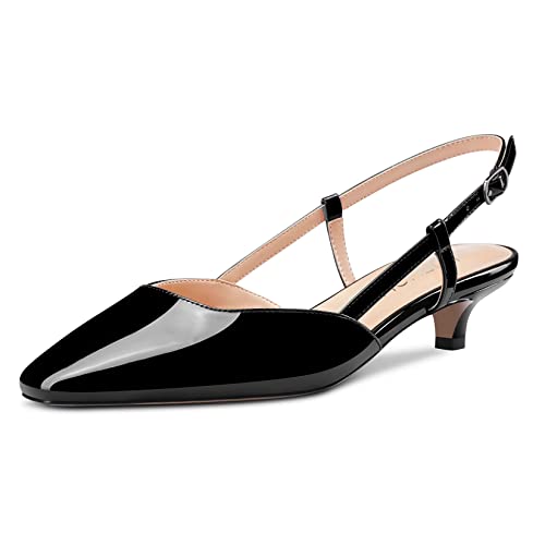 HDEUOLM Damen Niedrige Kitten Absatz Heel Eckige Zehenkappe Sandalen Slingback Slip-on Dress Klassisch Pumps Büroschuhe Hochzeit 3.5 CM Heels Schwarz Lackleder 43 EU von HDEUOLM
