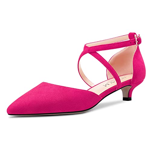 HDEUOLM Damen Niedrige Kitten Absatz Heel Geschlossene Spitze Zehenkappe Sandalen Knöchelriemen Kreuzriemen Schnalle Pumps Hochzeit Sexy Dress 3.5 CM Heels Schuhe Magenta Rot Wildleder 37 EU von HDEUOLM