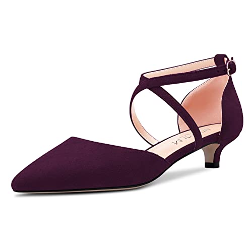 HDEUOLM Damen Niedrige Kitten Absatz Heel Geschlossene Spitze Zehenkappe Sandalen Knöchelriemen Kreuzriemen Schnalle Pumps Hochzeit Sexy Dress 3.5 CM Heels Schuhe Violett Wildleder A 36 EU von HDEUOLM