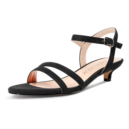 HDEUOLM Damen Niedrige Kitten Absatz Heel Open Zehenkappe Sandalen Knöchelriemen Slingback Schnalle Hochzeit Party Dress Sommer 3 CM Heels Schwarz 39 EU von HDEUOLM