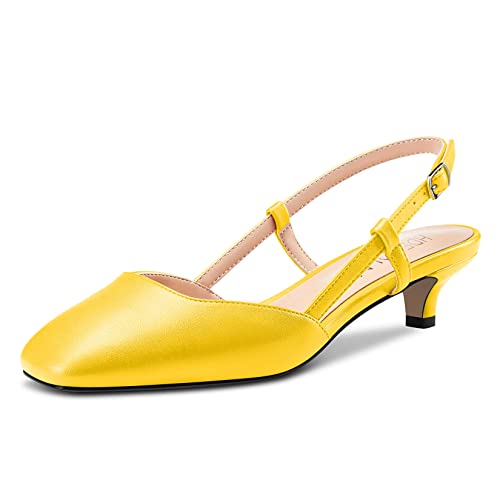 HDEUOLM Damen Niedrige Kitten Absatz Heel Peep Open Eckige Zehenkappe Slingback Slip-on Pumps Cute Dress 3.5 cm Heels Sandalen Gelb Matt 42 EU von HDEUOLM