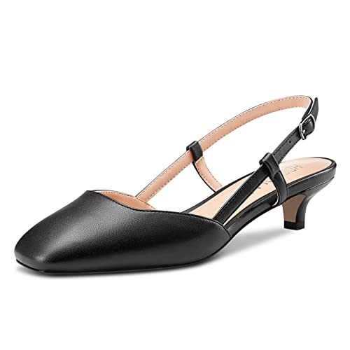 HDEUOLM Damen Niedrige Kitten Absatz Heel Peep Open Eckige Zehenkappe Slingback Slip-on Pumps Cute Dress 3.5 cm Heels Sandalen Schwarz Matt 42 EU von HDEUOLM