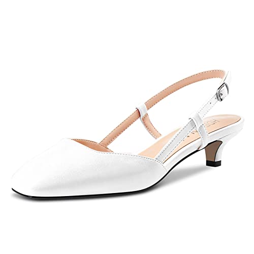 HDEUOLM Damen Niedrige Kitten Absatz Heel Peep Open Eckige Zehenkappe Slingback Slip-on Pumps Cute Dress 3.5 cm Heels Sandalen Weiß Matt 36 EU von HDEUOLM