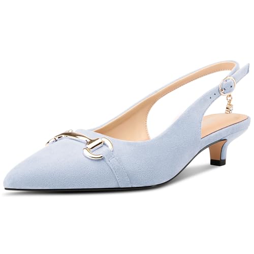 HDEUOLM Damen Niedrige Kitten Absatz Heel Spitze Zehenkappe Pumps Slingback Schnalle Hochzeit Dress 3.5 cm Heels Hellblau 40 EU von HDEUOLM