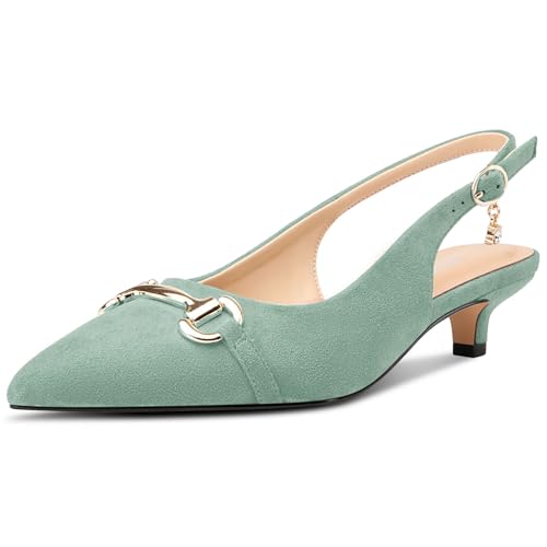 HDEUOLM Damen Niedrige Kitten Absatz Heel Spitze Zehenkappe Pumps Slingback Schnalle Hochzeit Dress 3.5 cm Heels Hellgrün 41 EU von HDEUOLM
